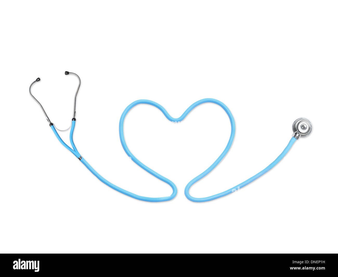 Stetoscopio blu a forma di cuore su sfondo bianco Foto Stock