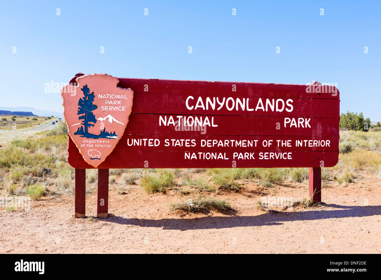 Segno di ingresso alle isole nel cielo la sezione del Parco Nazionale di Canyonlands, Utah, Stati Uniti d'America Foto Stock