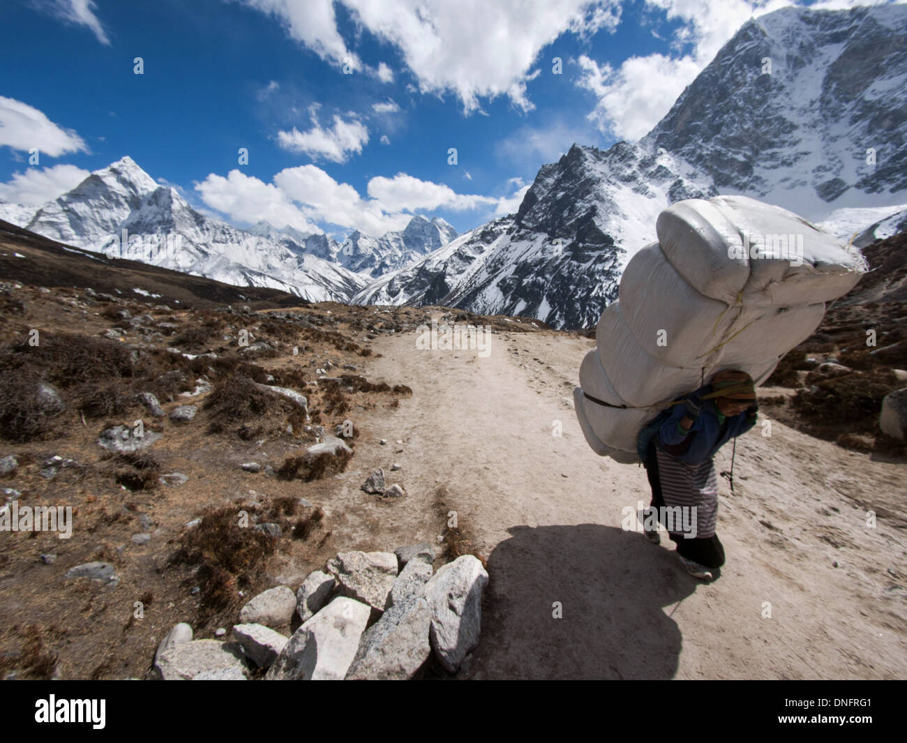 Un portiere di Sherpa porta un grande carico a monte vicino a Lobuche Campo Base Everest Trek, Regione di Khumbu, in Nepal. Foto Stock