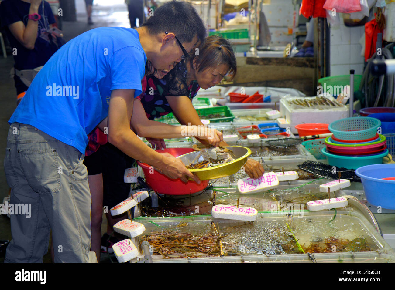 Hong Kong Cina, HK, Asia, cinese, orientale, isola, North Point, Java Road, North Point Ferry Pier, pesce, venditori bancarelle stand mercato Foto Stock