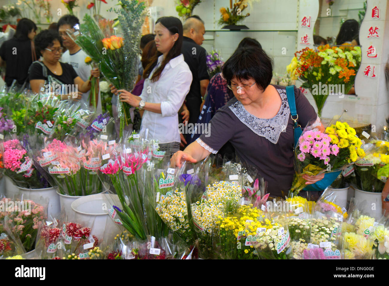 Hong Kong Cina,HK,Cinese,Orientale,Kowloon,Prince Edward,Flower Market Road,Mongkok,venditori ambulanti,stand stand stand mercato acquisto vendita,espositore s Foto Stock