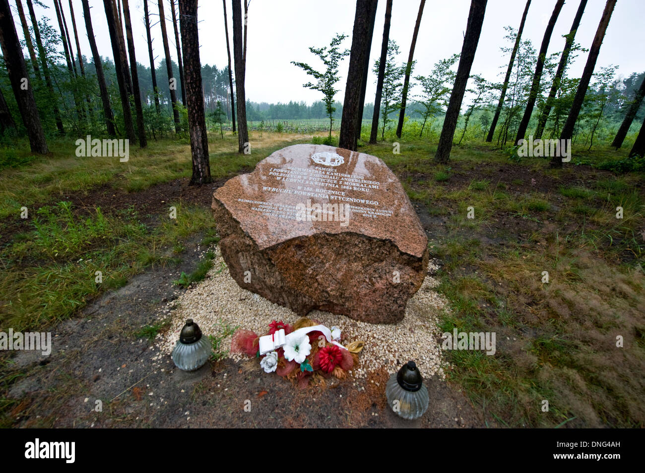 Monumento di pietra in un 1863 Battlefield vicino Ludynia, Voivodato Świętokrzyskie, Polonia. Foto Stock