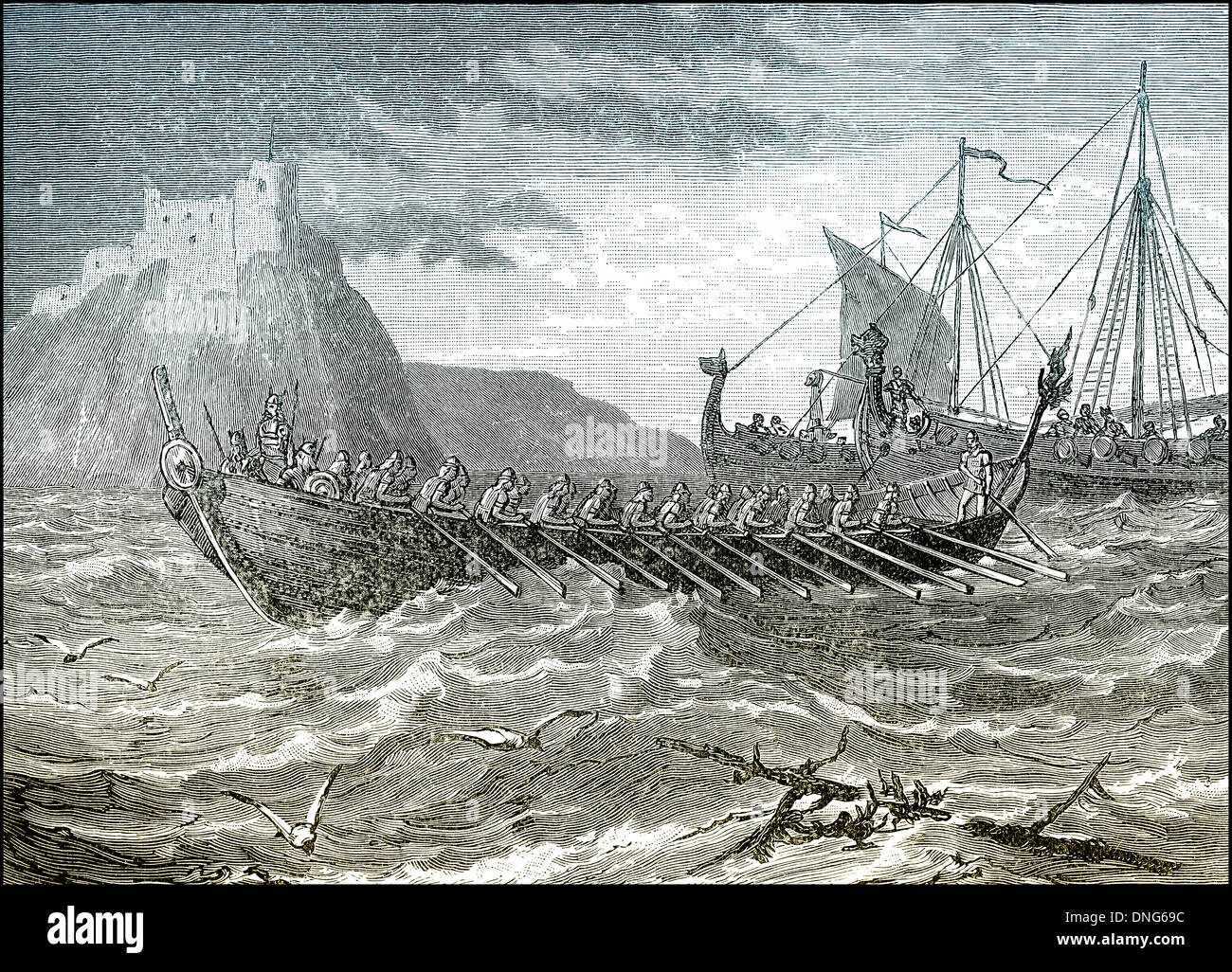 Sbarco danesi in Inghilterra, 787, invasione con viking longships Foto Stock