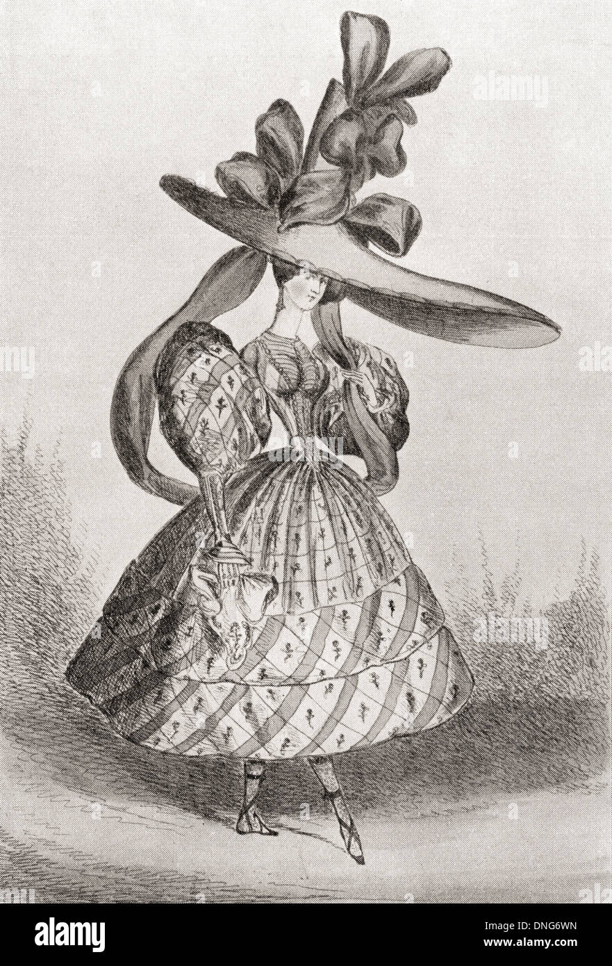 Ladies fashion in 1828, wasp in vita e maniche Gigot o 'sulla gamba o'mutton manicotti'. Foto Stock