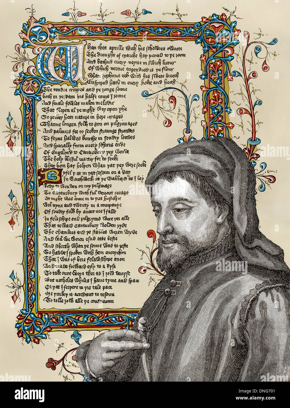 Ritratto di Geoffrey Chaucer, ca. 1343 - 1400, parte dei racconti di Canterbury Foto Stock