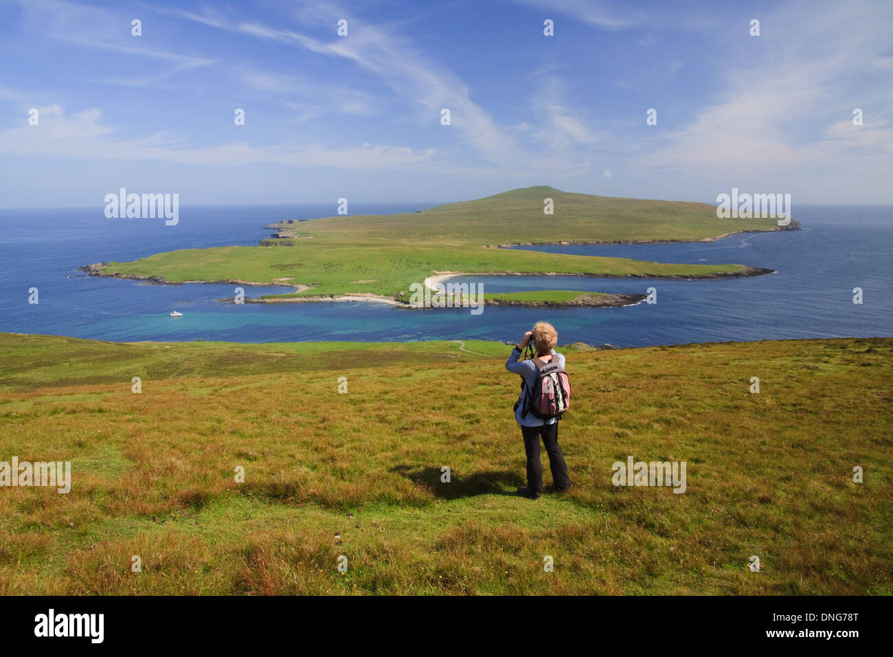 Cercando di fronte all isola di Noss Riserva Naturale Nazionale da Ander Hill su Bressay, Isole Shetland Foto Stock