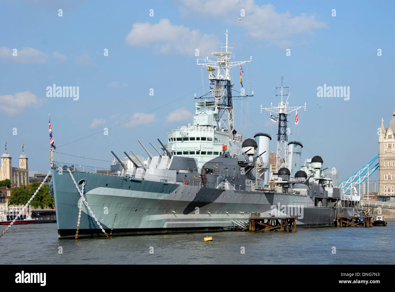 HMS Belfast sul Fiume Tamigi a Londra, Inghilterra Foto Stock