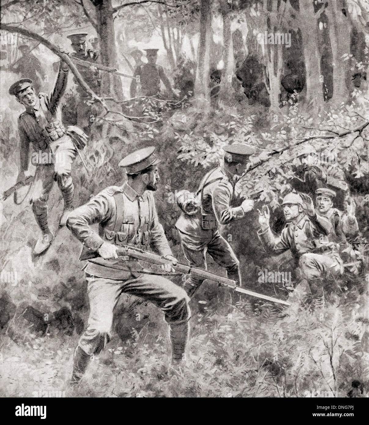 Fame i soldati tedeschi arrendersi ad una minore forza di britannico durante la prima guerra mondiale. Dalla Guerra di un album illustrato Deluxe, pubblicato 1915. Foto Stock
