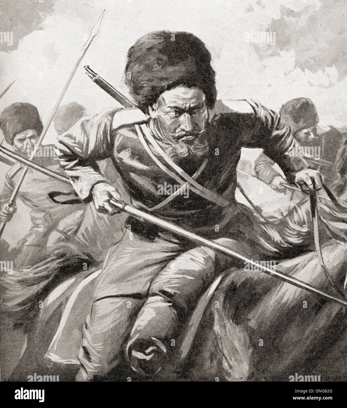Cosacchi russi durante la prima guerra mondiale. Dalla Guerra di un album illustrato Deluxe, pubblicato 1915. Foto Stock