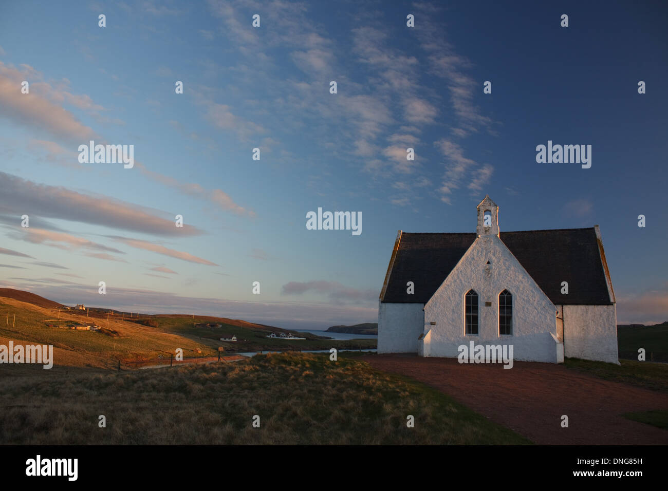 La cappella nel villaggio di Pasqua Skeld, Skeld, Westside, Isole Shetland Scozia, al tramonto Foto Stock