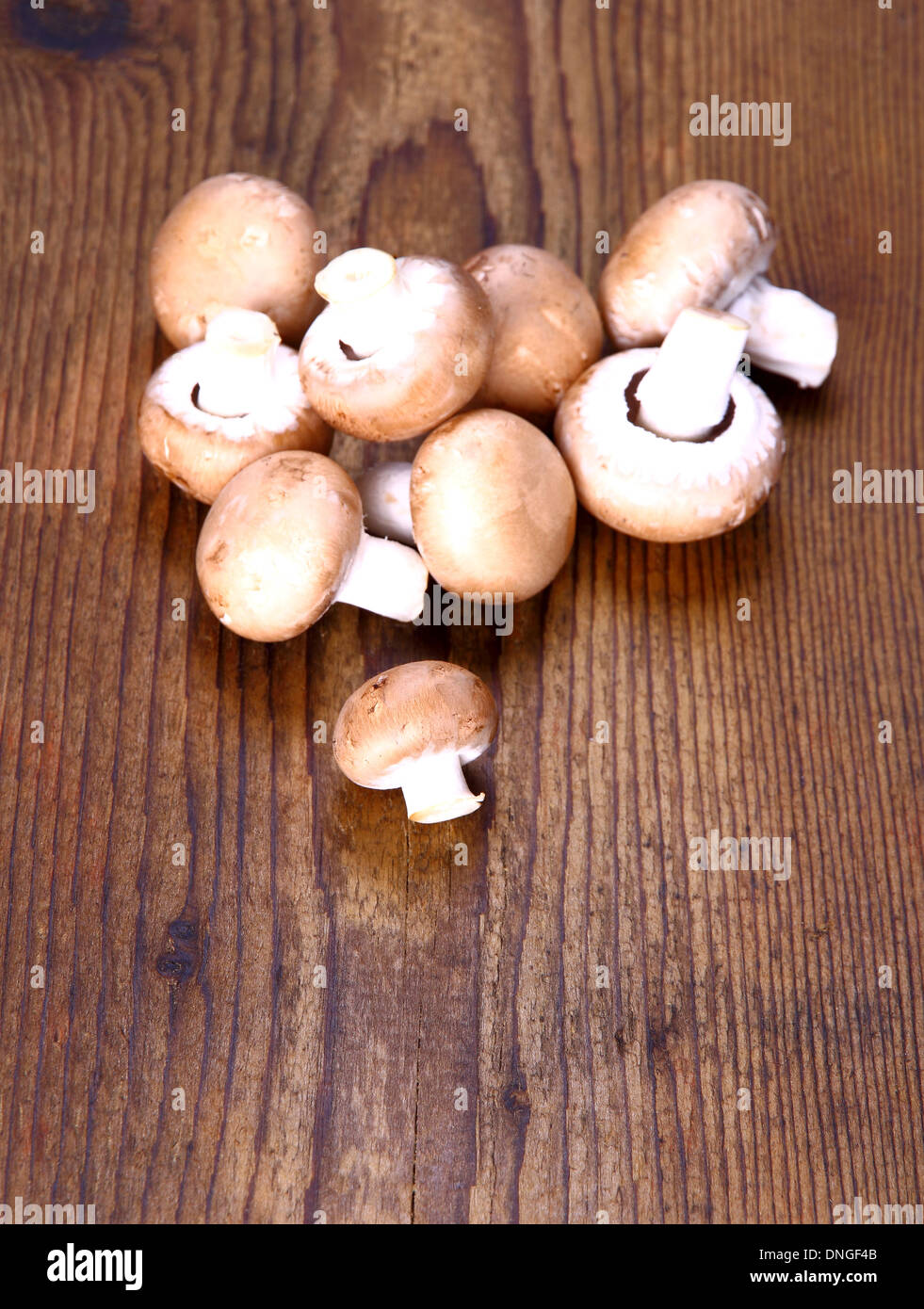 Rosolare gli champignon su uno sfondo di legno, verticale Foto Stock