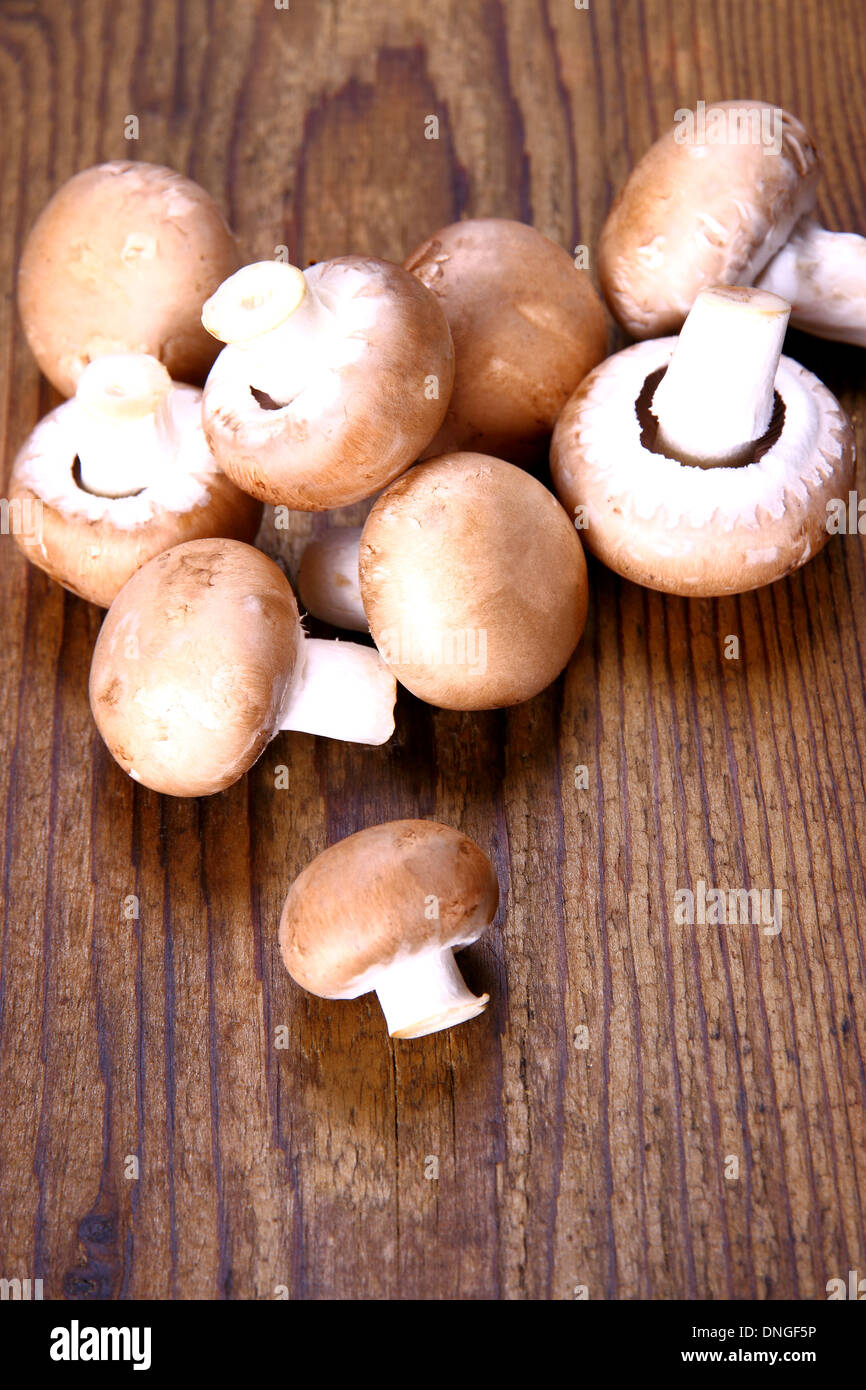 Fungo marrone su uno sfondo di legno, close up Foto Stock