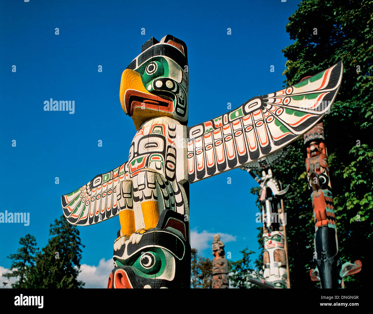 Totem Poles a Stanley Park, Vancouver, Canada Foto Stock
