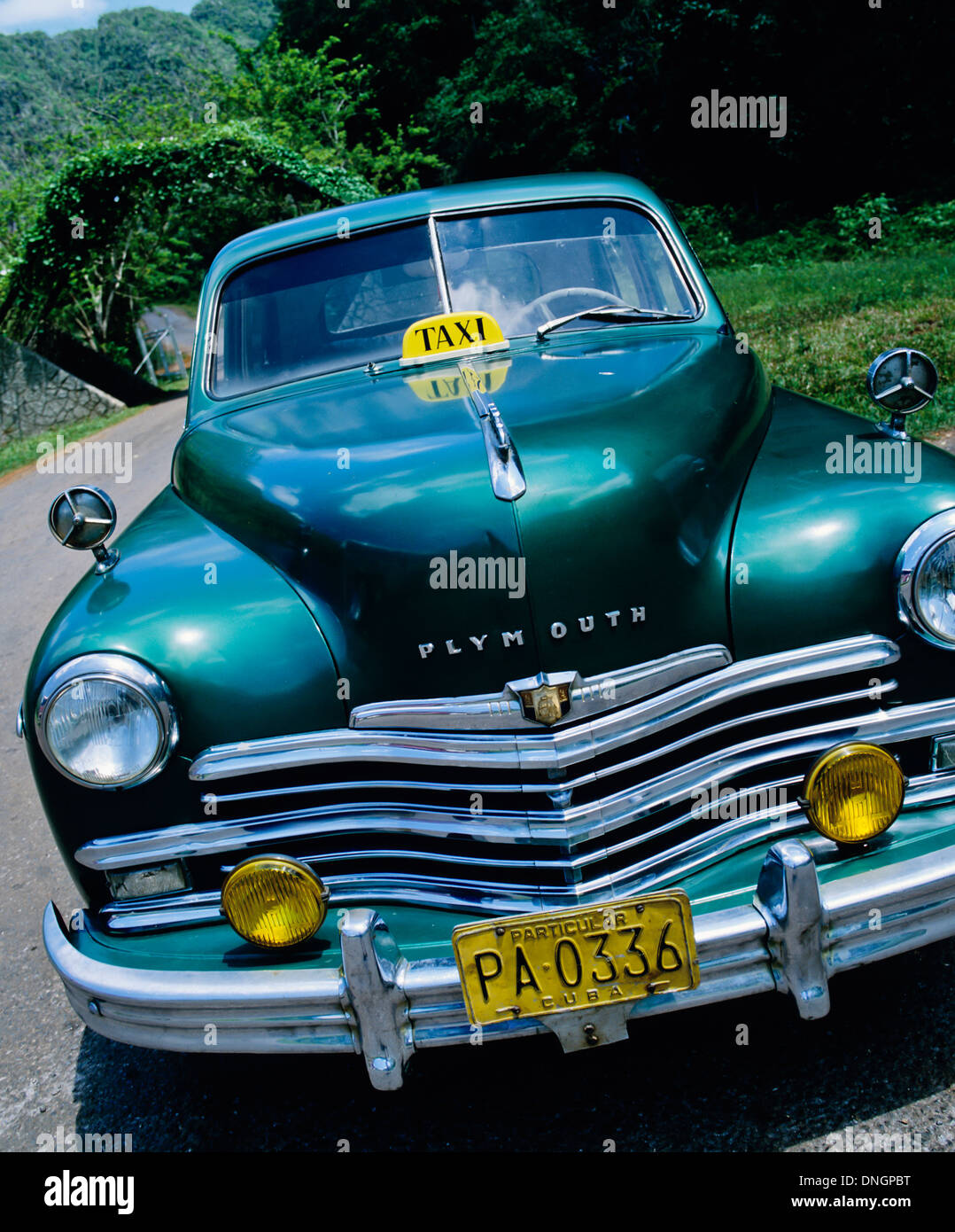 Un verde Plymouth taxi, classic pre-Castro American, in due sorelle Valley, Vinales, Cuba Foto Stock