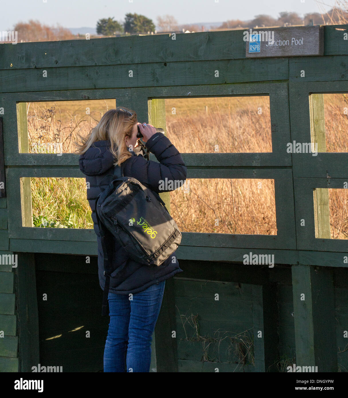 Birdwatching, birdwatching, osservazione della fauna selvatica binocoli, scopi, ottica, cavalletti. Birdwatchers che controlla le specie migratorie di uccelli nella riserva di Marshside RSPB. Secondo alcuni report, gli uccelli acquatici hanno spostato le loro zone di inverno verso nord-est a causa delle mutevoli temperature invernali in Europa. Un cambiamento che può avere implicazioni per la loro conservazione, perché gli uccelli stanno facendo meno uso delle riserve che sono state designate per proteggerli. Molti usano le riserve WWT del Lancashire quasi come stazione di servizio per riposare e rifornire di carburante per alcune settimane prima di continuare il loro viaggio verso sud. Foto Stock