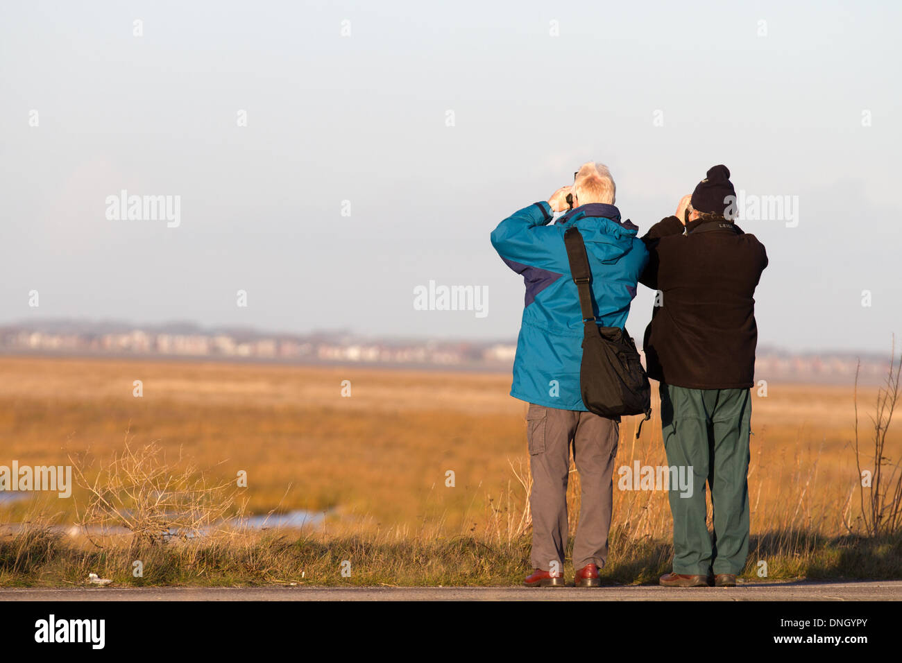 Birders in Southport, Merseyside, Regno Unito. Il 29 dicembre, 2013. Gli amanti del birdwatching monitoraggio specie migratorie a RSPB Marshside riserva. Relazioni suggeriscono alcuni uccelli acquatici hanno spostato le loro zone di svernamento a nord-est a causa dell'Europa cambiando le temperature invernali. Un cambiamento che potrebbe avere implicazioni per la loro conservazione, perché gli uccelli fanno meno uso delle riserve che sono state designate per proteggerli. Molti utilizzano il Lancashire WWT si riserva quasi come una stazione di servizio per il riposo e la ri-carburante per alcune settimane prima di continuare il loro viaggio verso sud. Foto Stock