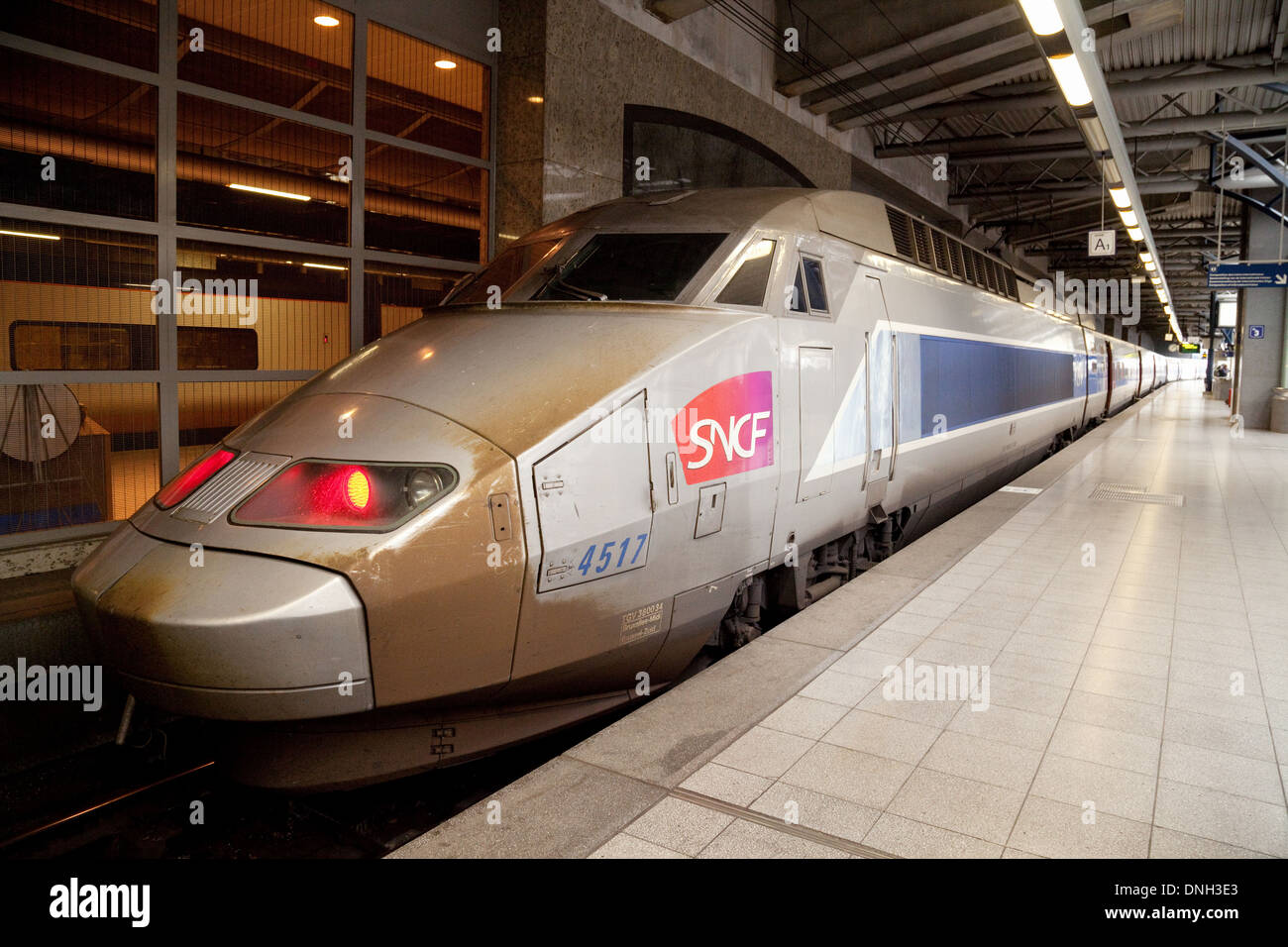 Un francese SNCF il treno ad alta velocità presso la piattaforma, Bruxelles Midi stazione ferroviaria, Bruxelles, Belgio, Europa Foto Stock