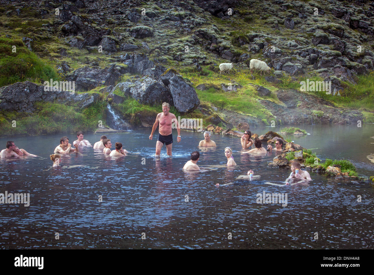 La balneazione in una sorgente calda naturale, vulcaniche e zona geotermica di LANDMANNALAUGAR, il nome significa letteralmente "bagni caldi del popolo della terra', Regione degli Altipiani, sud dell'Islanda, EUROPA Foto Stock