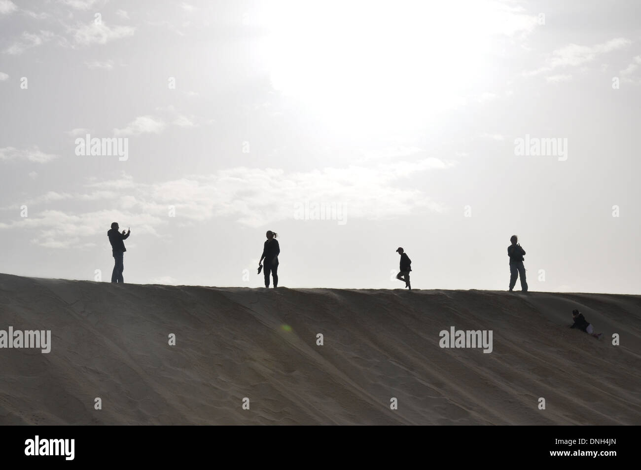 Silhouette di figure contro l orizzonte del deserto del Sahara in Tunisia Foto Stock