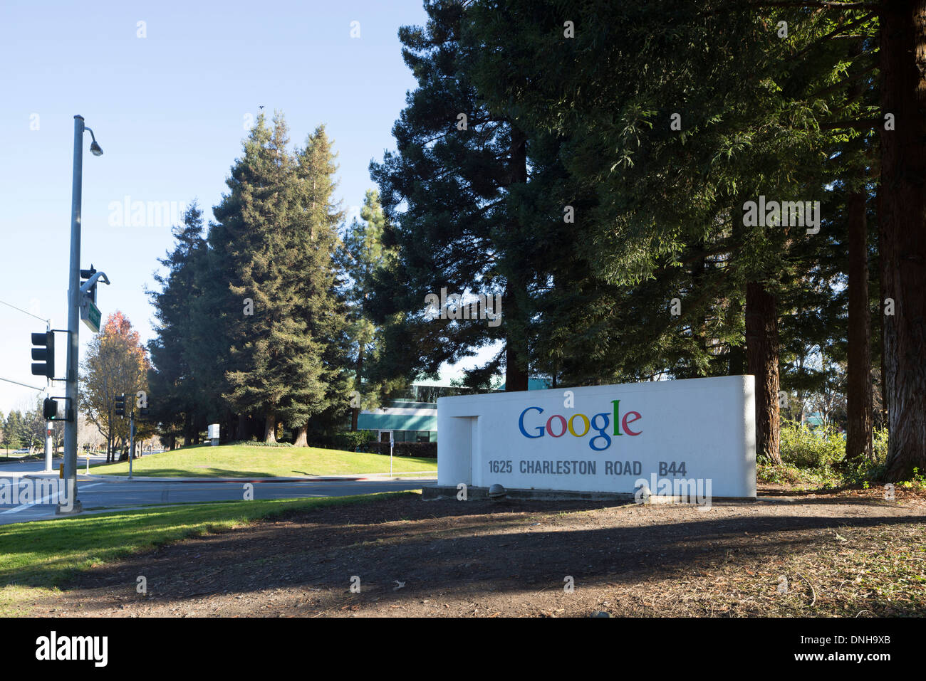 La sede centrale di Google segno, Silicon Valley, Mountain View, CA. Foto Stock