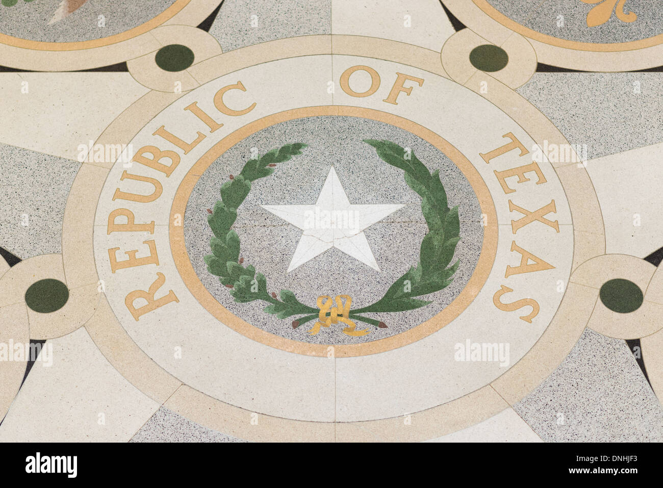 Texas State Capitol Building, Austin, Texas, Rotunda piastrella per pavimenti che mostra la Repubblica del Texas intarsiato di tenuta Foto Stock