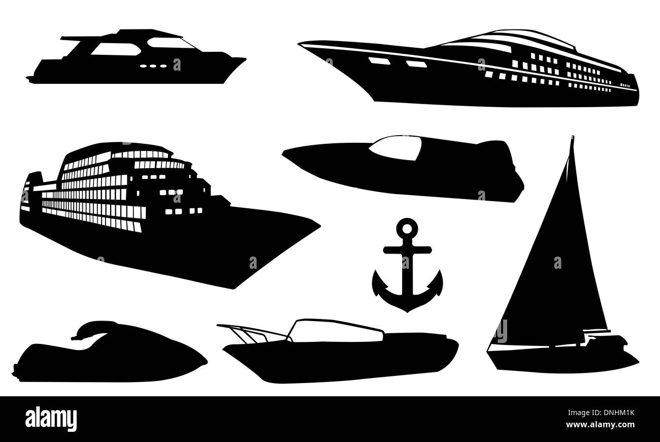 Set di barche diverse isolato Foto Stock