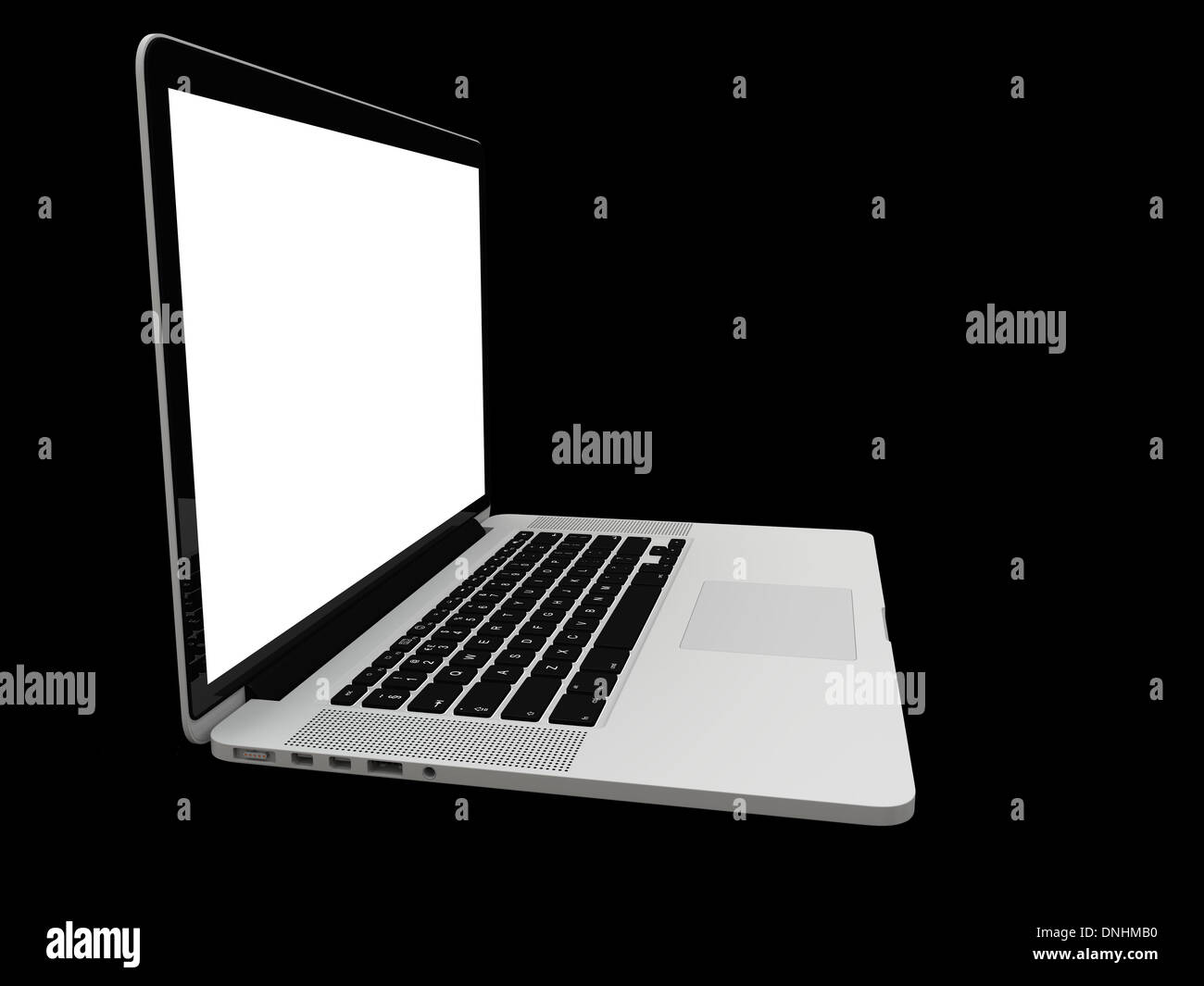 Computer portatile schermata vuota bianca isolata su sfondo nero Foto Stock