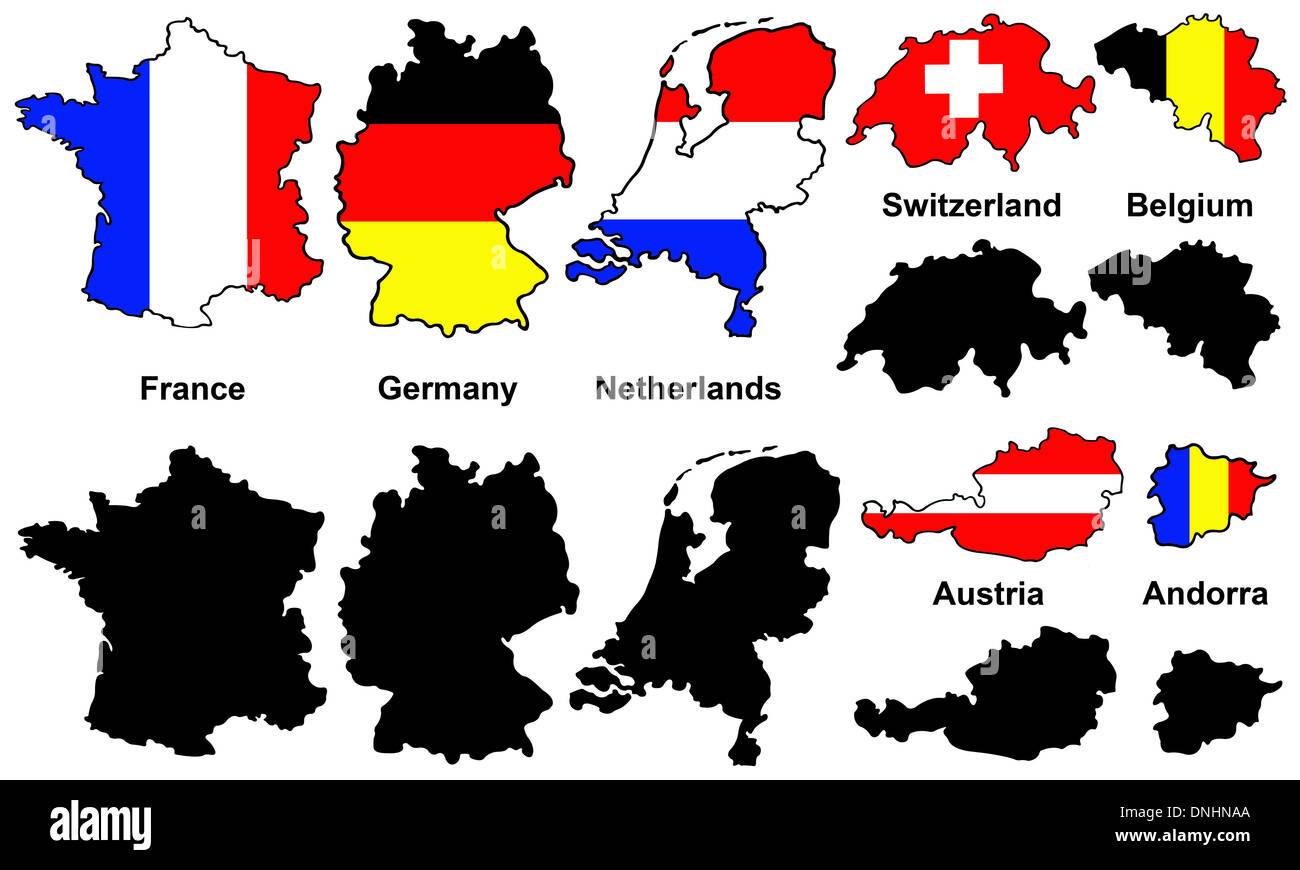 Insieme di diverse mappe europee con le bandiere Foto Stock