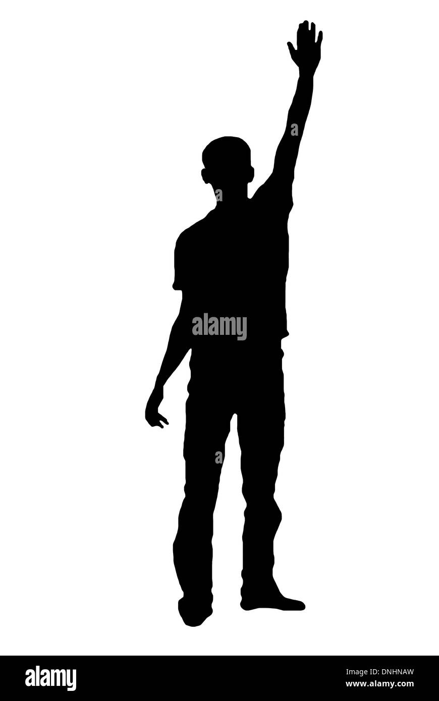 Silhouette di un uomo con mano sollevata Foto Stock
