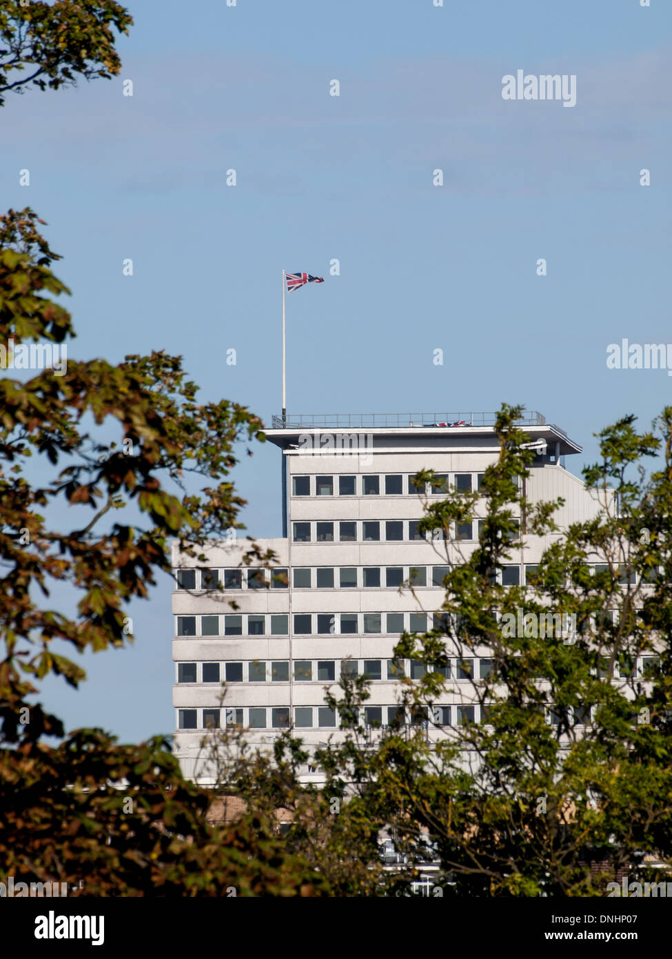 Un palazzo del governo nel centro di Croydon e incorniciata dagli alberi. Foto Stock