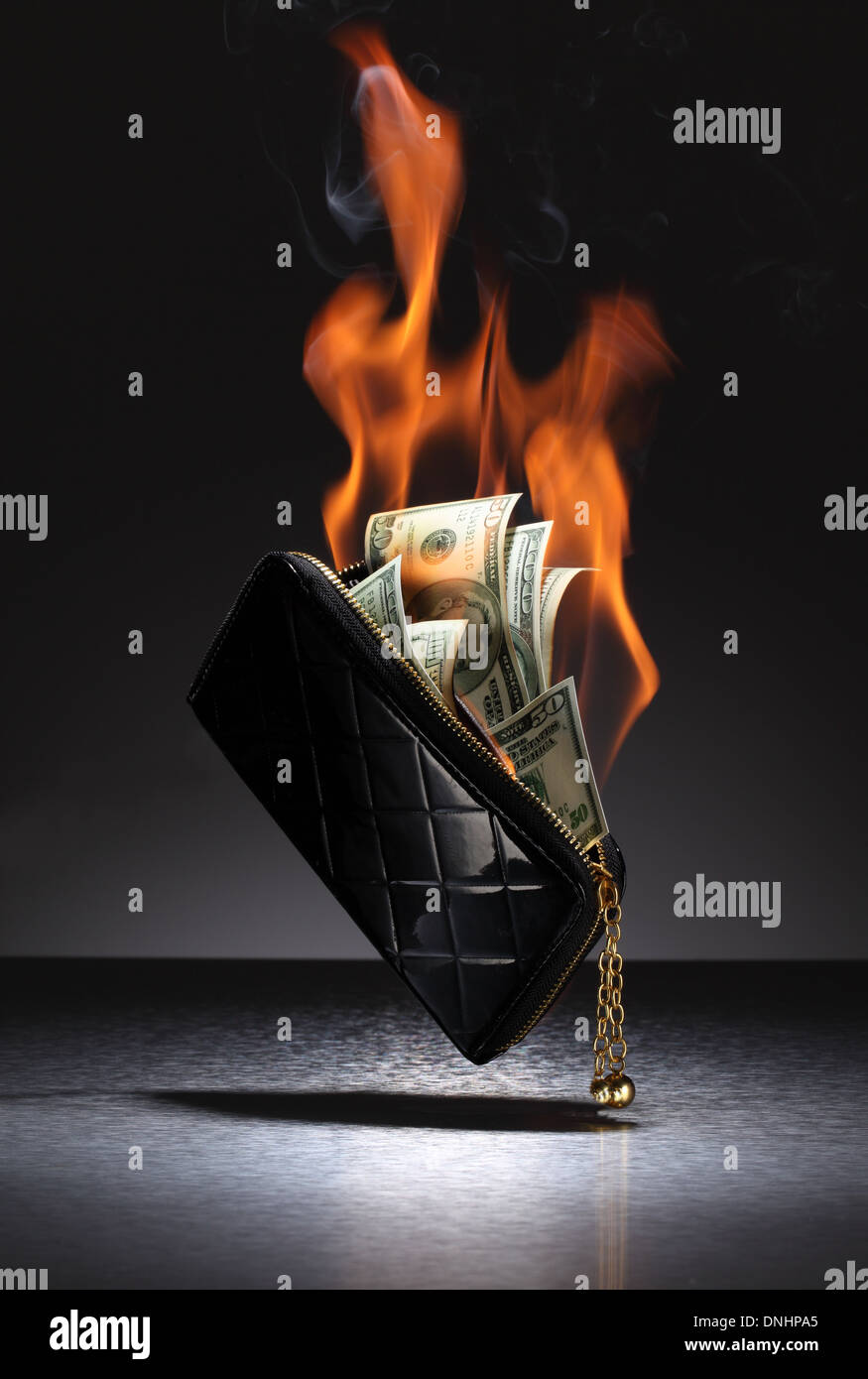 Un marrone portafoglio in pelle riempito con carte di credito e denaro sul fuoco. Foto Stock