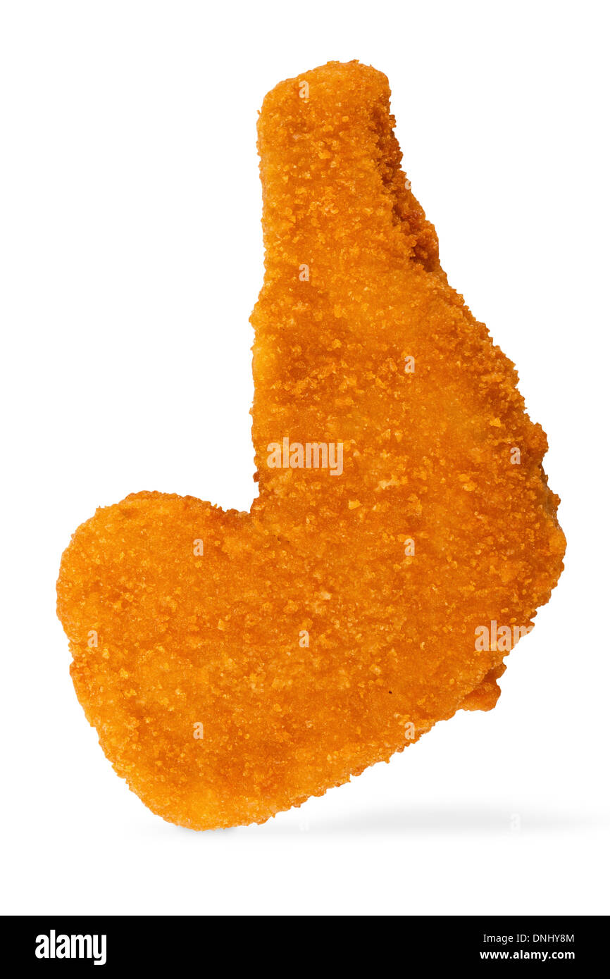 Una gamba di pollo sagomato nugget isolato su bianco. Percorso di clipping incluso Foto Stock