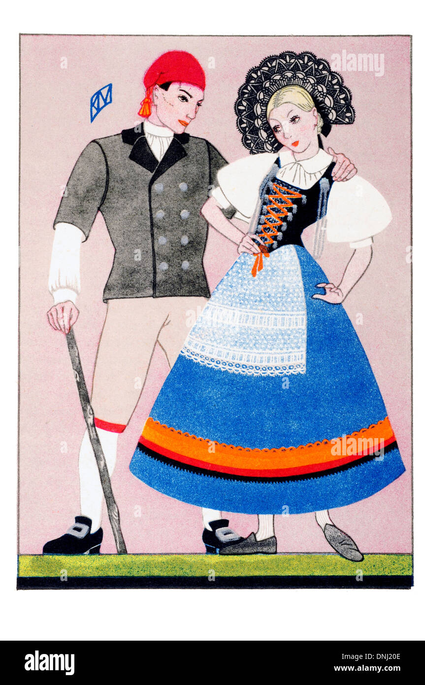 Costume tradizionale svizzero dei primi del XX secolo litografia Foto Stock