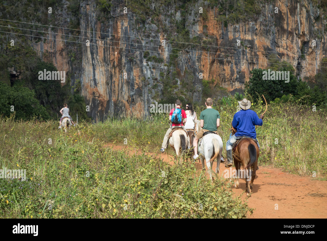 I TURISTI A CAVALLO IN UN PAESAGGIO DI MOGOTES (calcare montuoso collinette), Vinales Valley, elencato come un sito del patrimonio culturale mondiale dell UNESCO, CUBA, CARAIBI Foto Stock