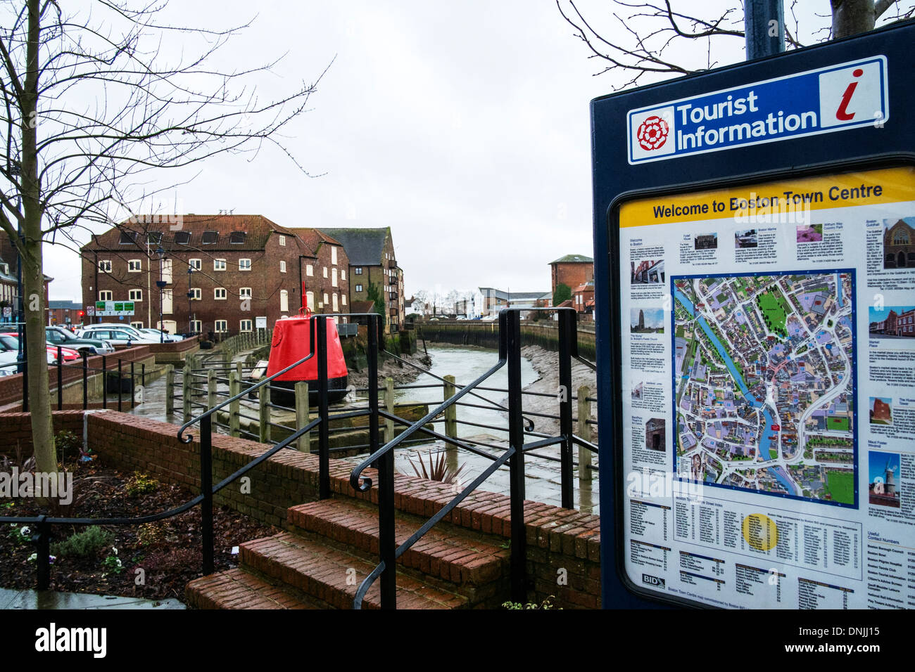 La città di Boston Informazioni turistiche Mappa segno fiume Witham Lincolnshire, Regno Unito Inghilterra Foto Stock