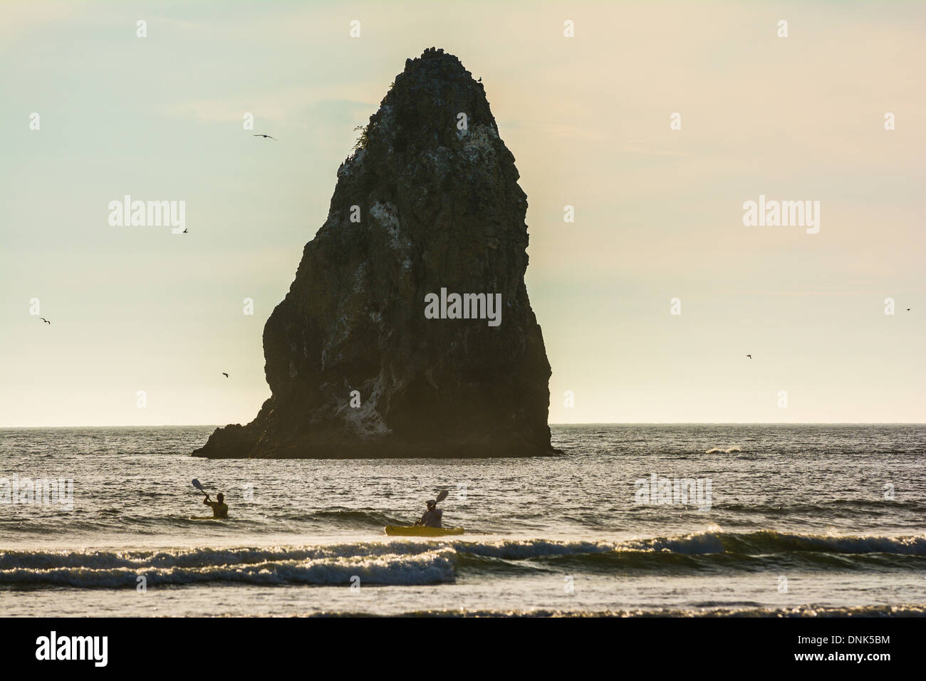 Fare kayak in prossimità degli aghi, Cannon Beach, Oregon, Stati Uniti d'America Foto Stock