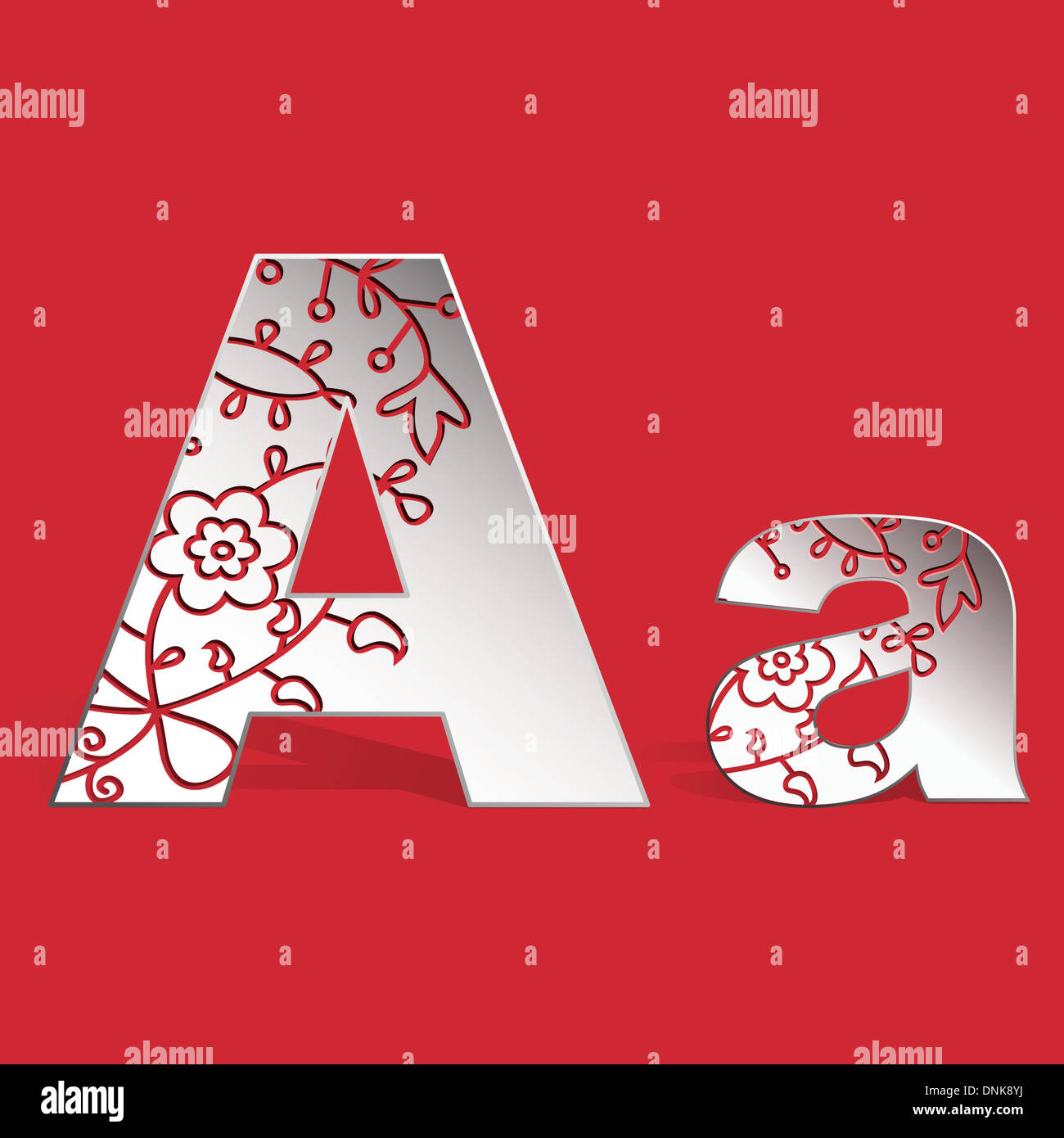 3D carta una maiuscola e minuscola lettere con decorazioni scolpite su uno sfondo rosso Foto Stock