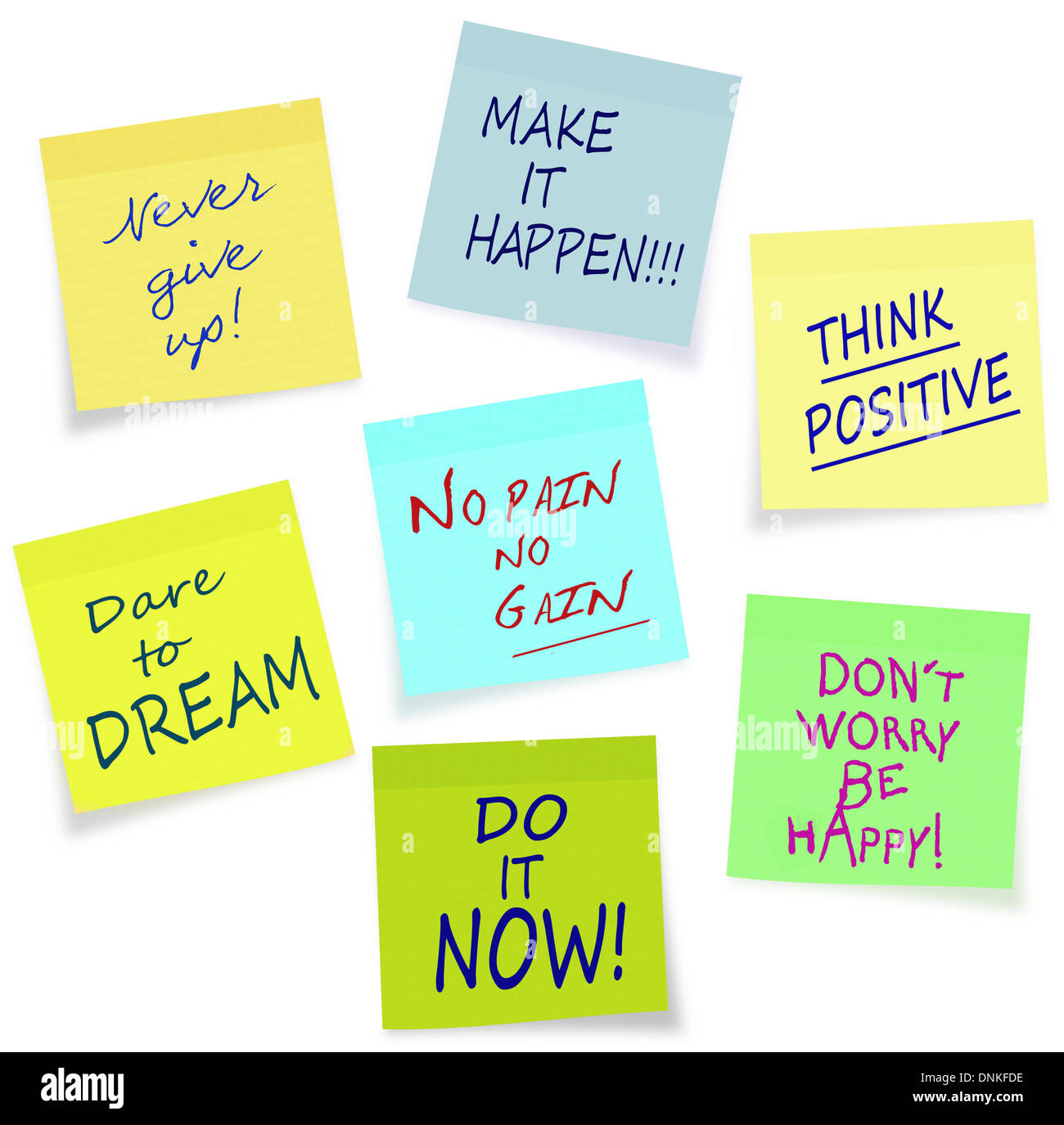 Motivazionale assortiti sticky notes, facilmente spostata da sfondo. Foto Stock
