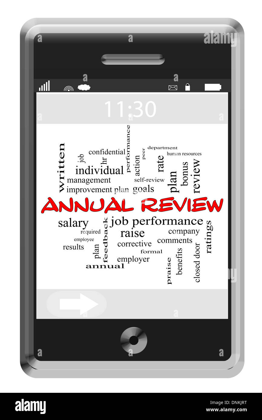 Revisione annuale Word Cloud concetto di telefono touch-screen con grande termini come lavoro, prestazioni, gestione e più. Foto Stock