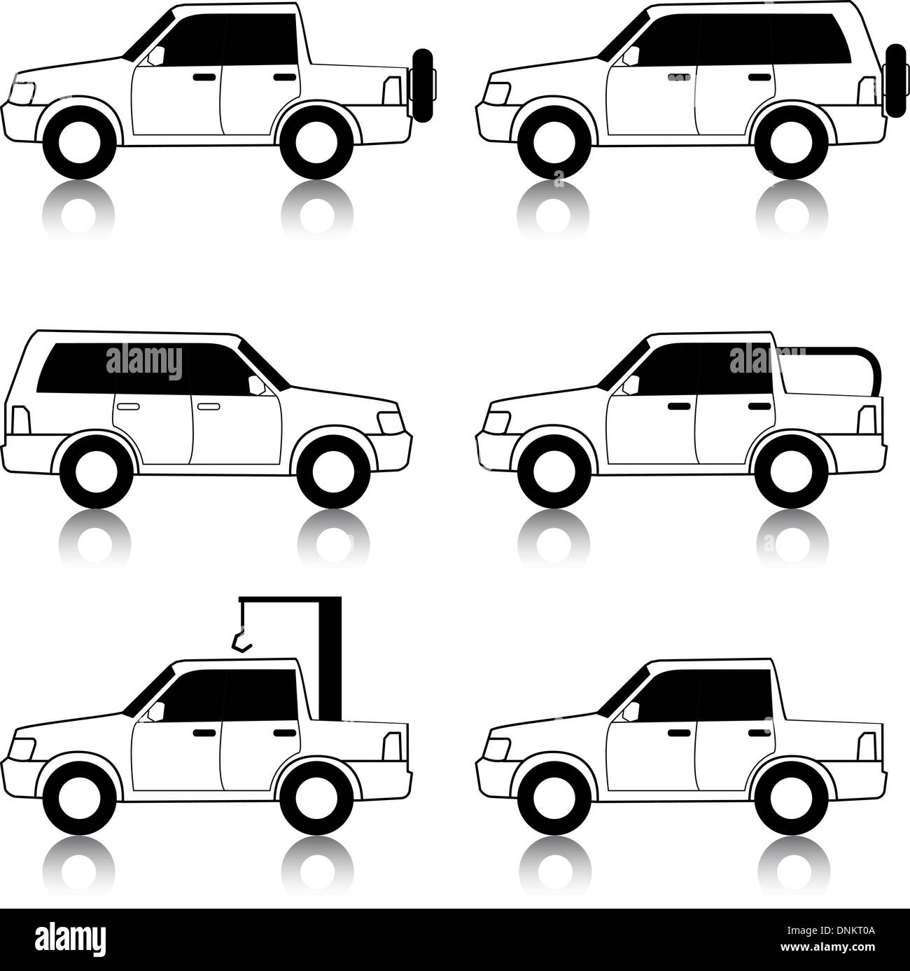Set di icone vettoriali - trasporto dei simboli. Nero su bianco. Automobili, veicoli. Corpo vettura. Illustrazione Vettoriale