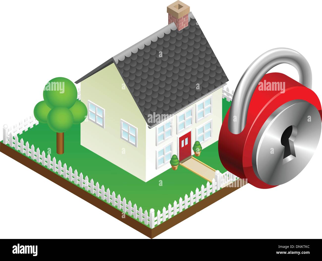 La protezione della casa il concetto di sistema, suburbane casa di famiglia e l'icona a forma di lucchetto Illustrazione Vettoriale