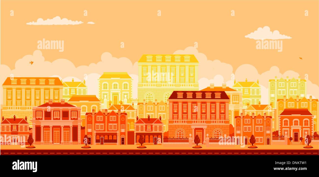 Un urbano viale alberato con smart townhouses in arance, gialli e rossi Illustrazione Vettoriale
