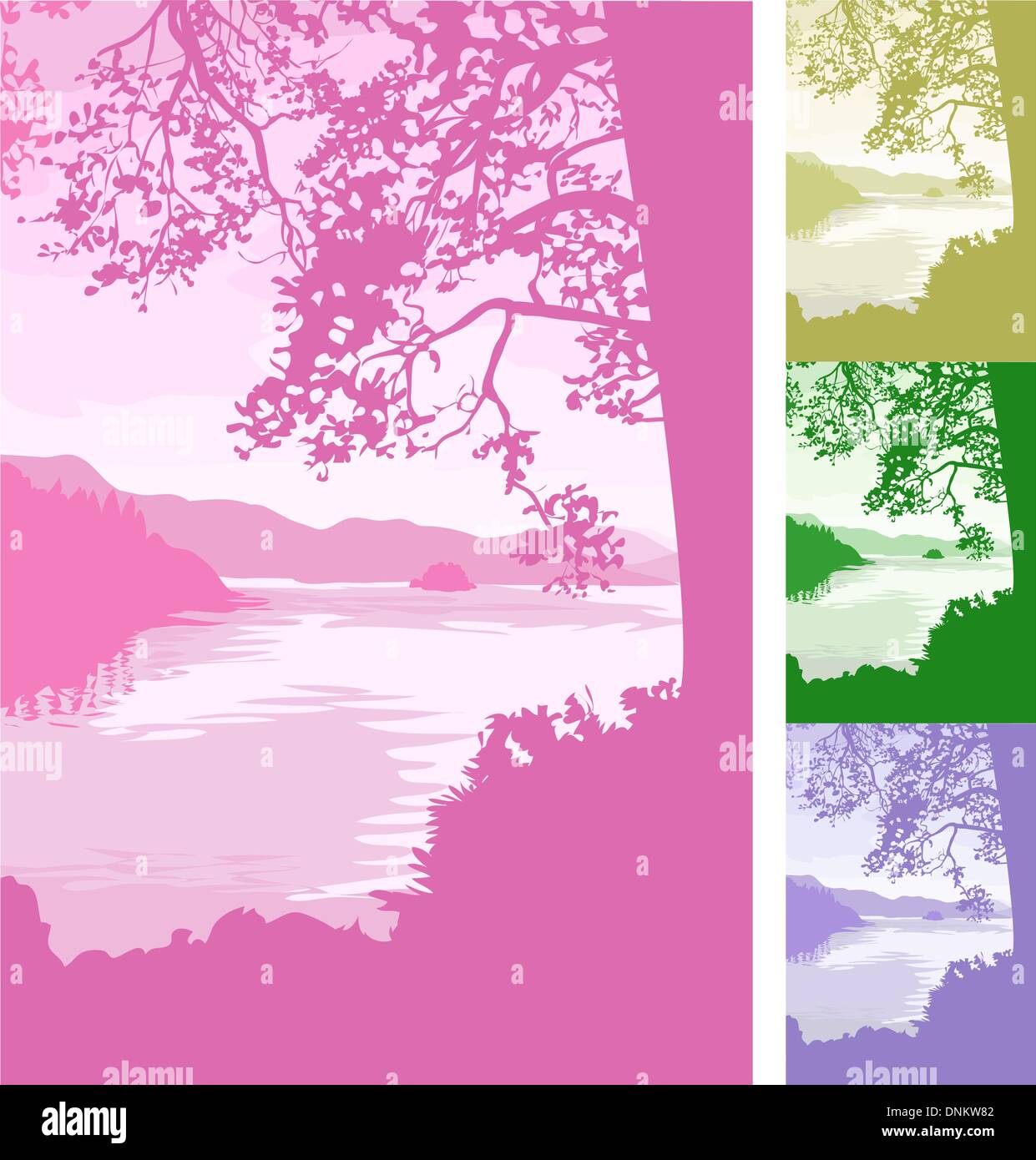 Un bellissimo lago sullo sfondo della scena. File vettoriale include diverse versioni di colore Illustrazione Vettoriale