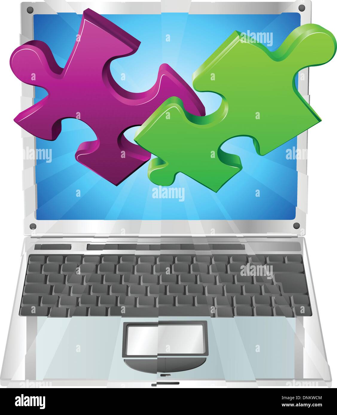 Puzzle di pezzi volare al di fuori di un elegante computer portatile. Applicazione del computer concetto. Illustrazione Vettoriale