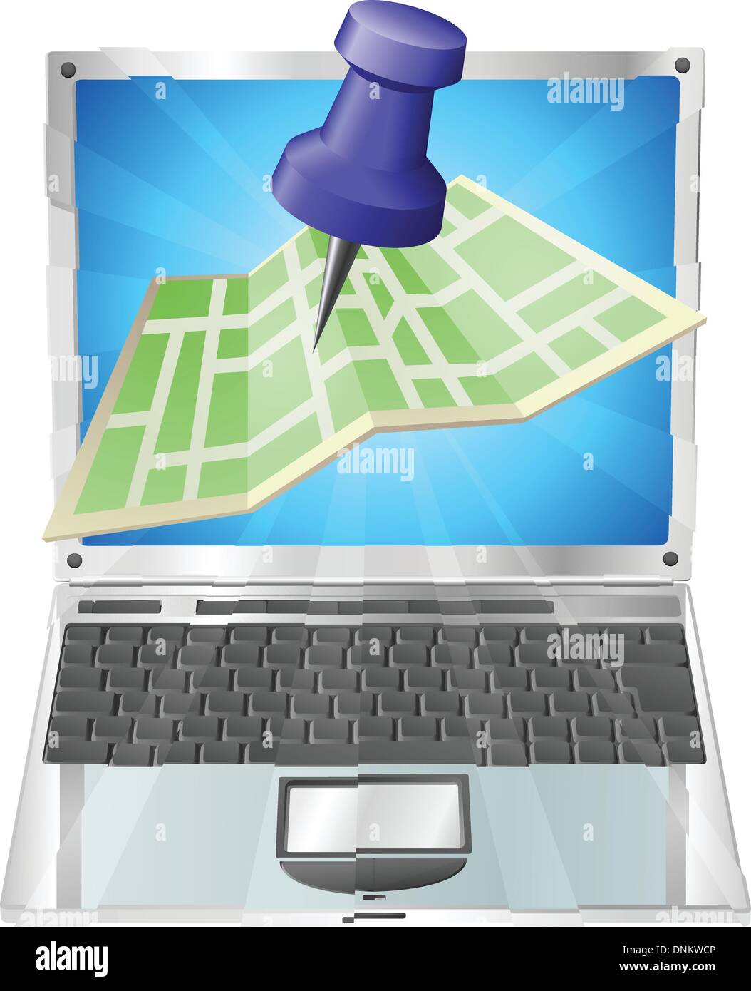 Una strada o una mappa della città volare al di fuori di un computer portatile. Concetto o icona per mappa app o di un sito web in internet con mappe o altri relat GPS Illustrazione Vettoriale