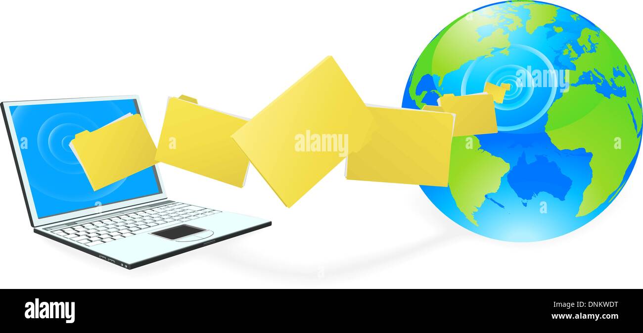 Computer portatile di caricare o scaricare file da internet rappresentata dal globo. Illustrazione Vettoriale