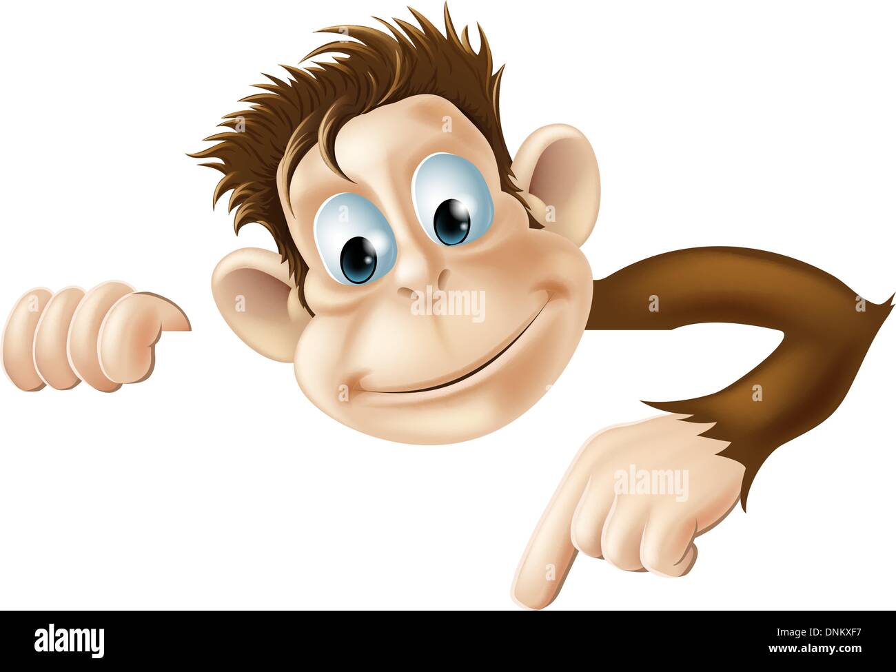 Una illustrazione di un cartoon carino monkey peeking round da dietro un segno e puntamento o che mostra ciò che si dice Illustrazione Vettoriale