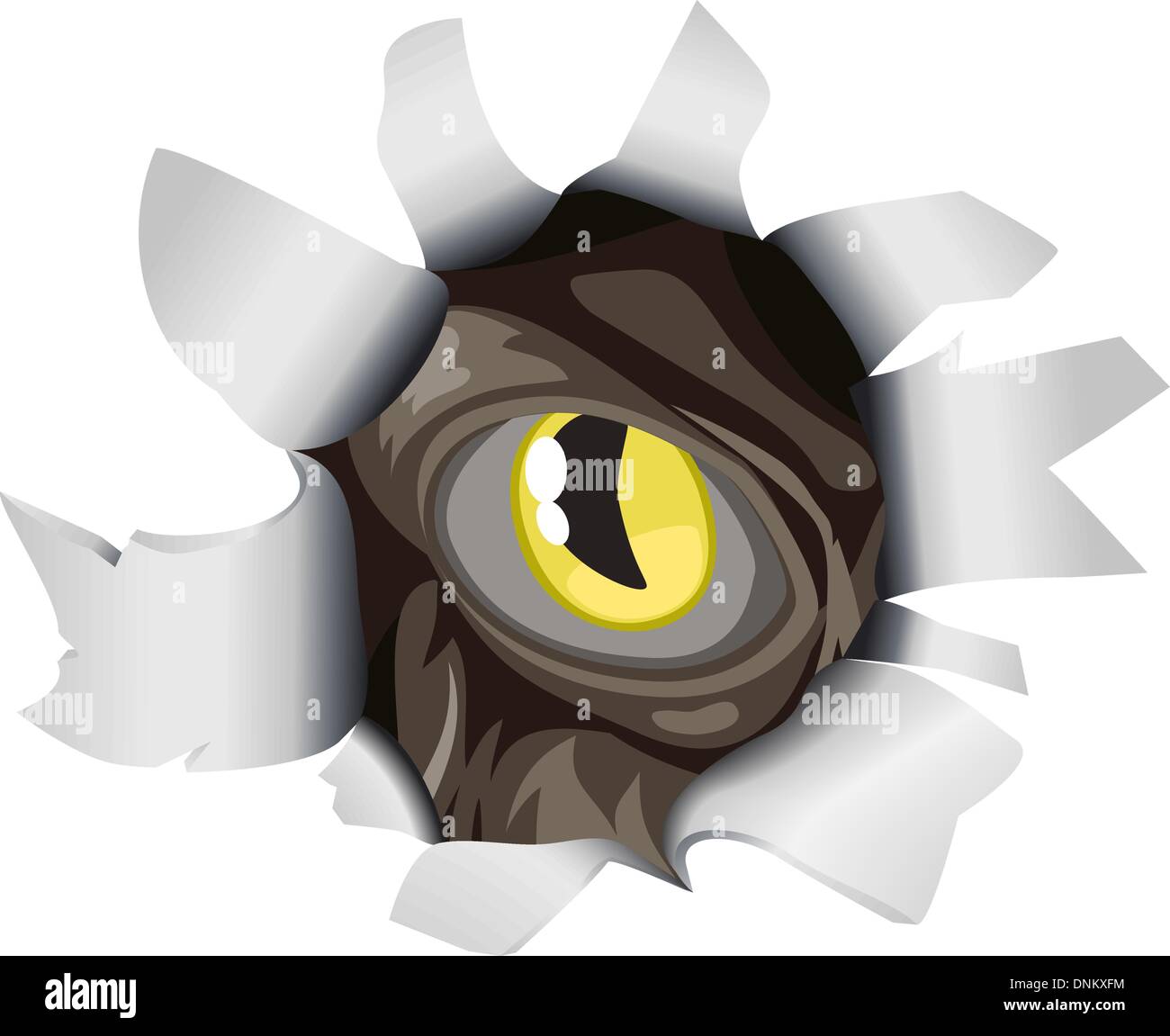 Una malvagia creatura occhio del peering attraverso un foro strappata in background Illustrazione Vettoriale