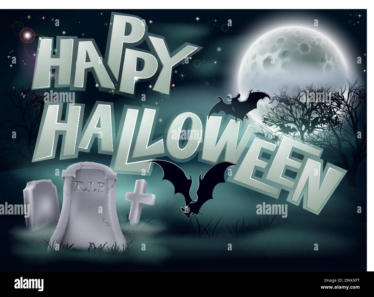 Un spooky happy Halloween cimitero illustrazione dello sfondo con la bat e la luna piena Illustrazione Vettoriale