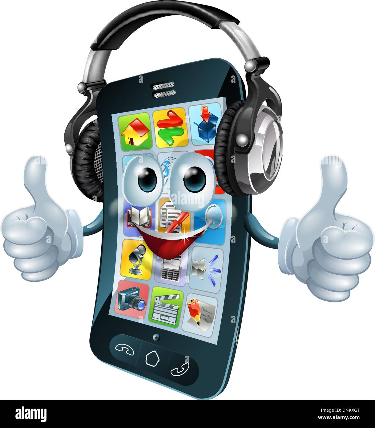 Un telefono cellulare personaggio dei cartoni animati musica con le cuffie a dare il pollice in su. Potrebbe essere un concetto per un app musica o simili. Illustrazione Vettoriale